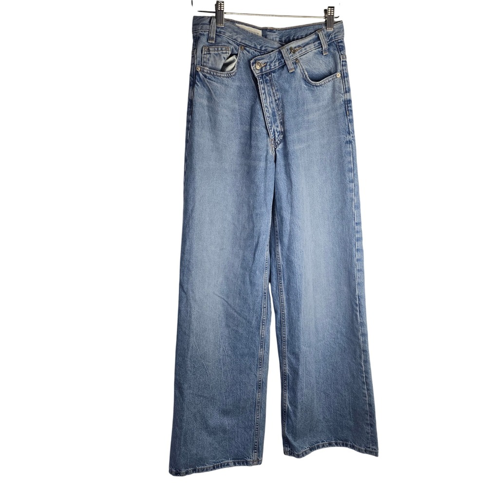Zara Asymmetric Waist Jeans Women 4 Light Blue Cotton Wide Leg Crossover Denim